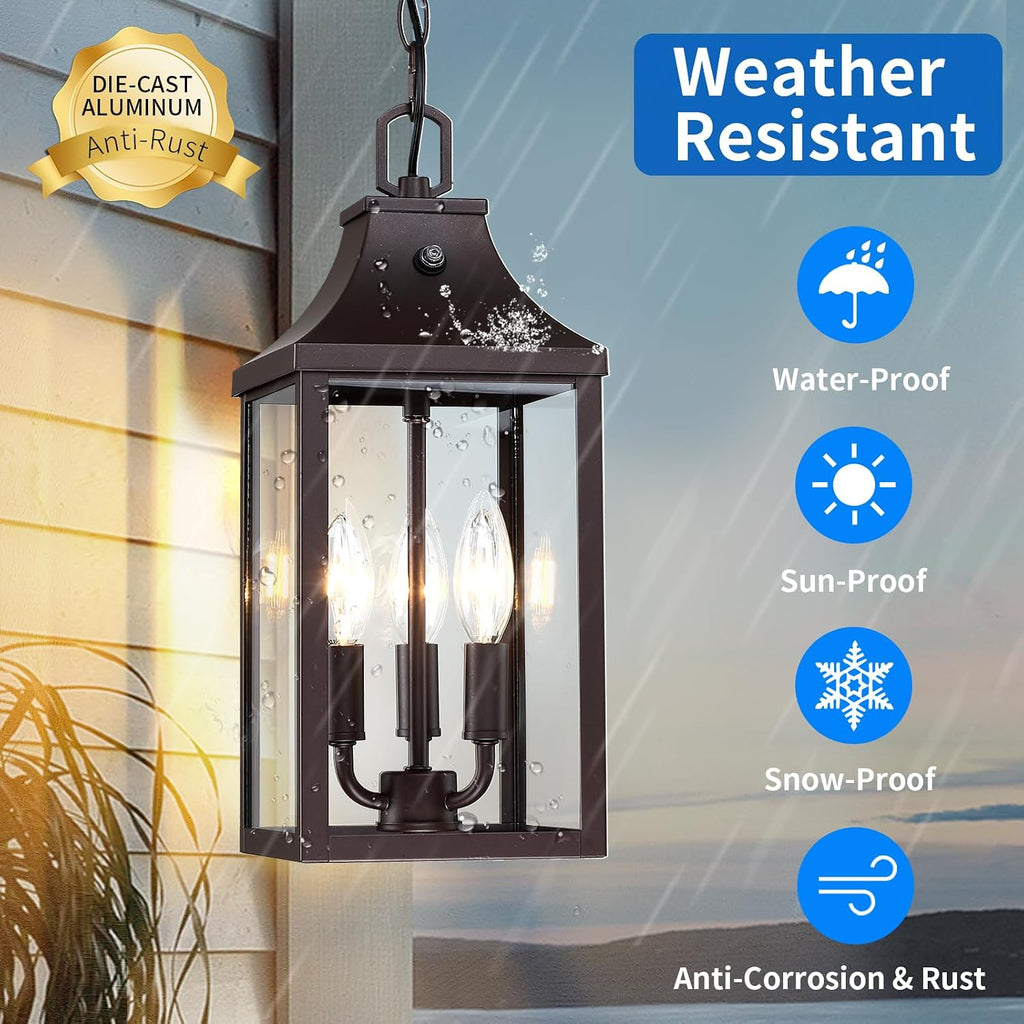 15.5'' Large Outdoor Pendant Light Fixtures 3-Light, Dusk to Dawn Exterior Hanging Lantern Porch Light Adjustable