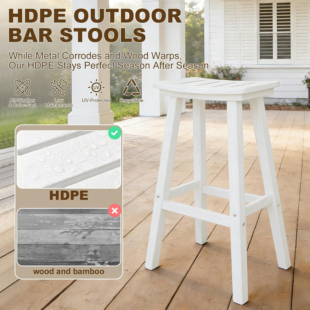 Outdoor Bar Stools Set of 4, 29 Inch All-Weather HDPE Bar Height Chairs, 500lbs Heavy Duty Patio Stools with Saddle
