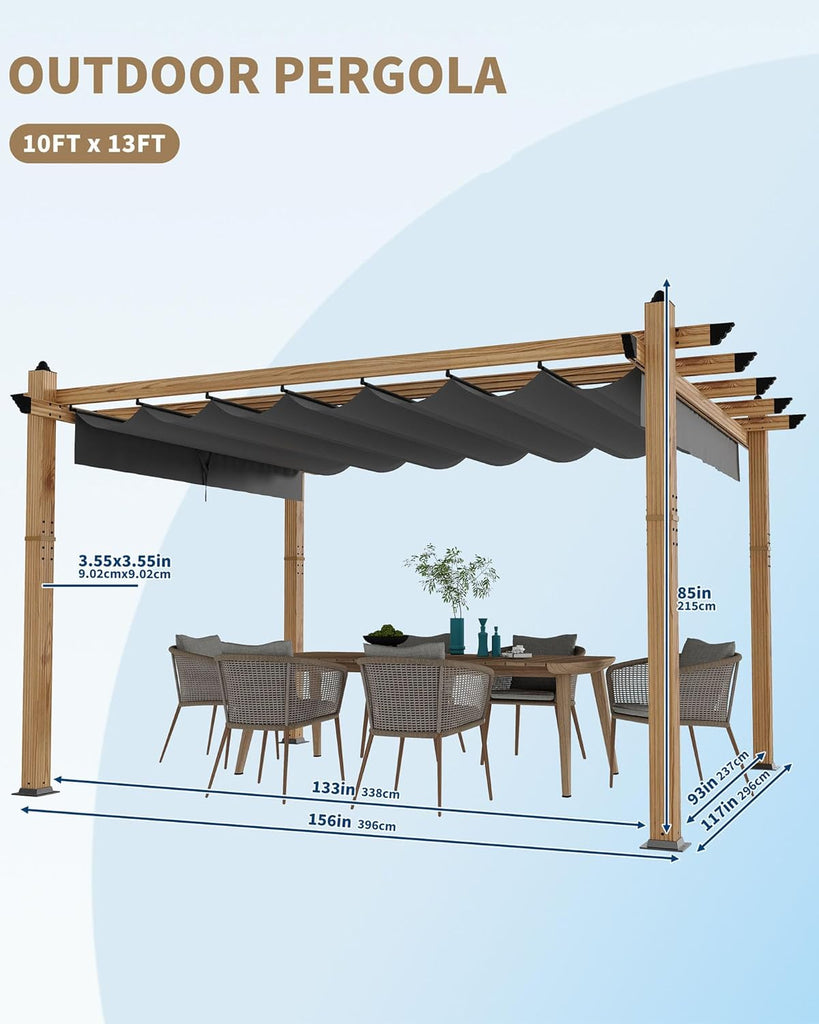 10x13 Ft Outdoor Pergola with Retractable Canopy Upgraded Wood Grain Patio Pergola for Modern Backyard Deck