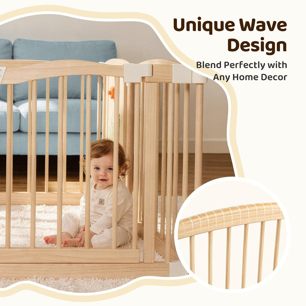 Wooden Baby Playpen, 60"×60"×25" 8-Panel Foldable Wood Play Yard with 2 Montessori Toys for Toddlers, Adjustable
