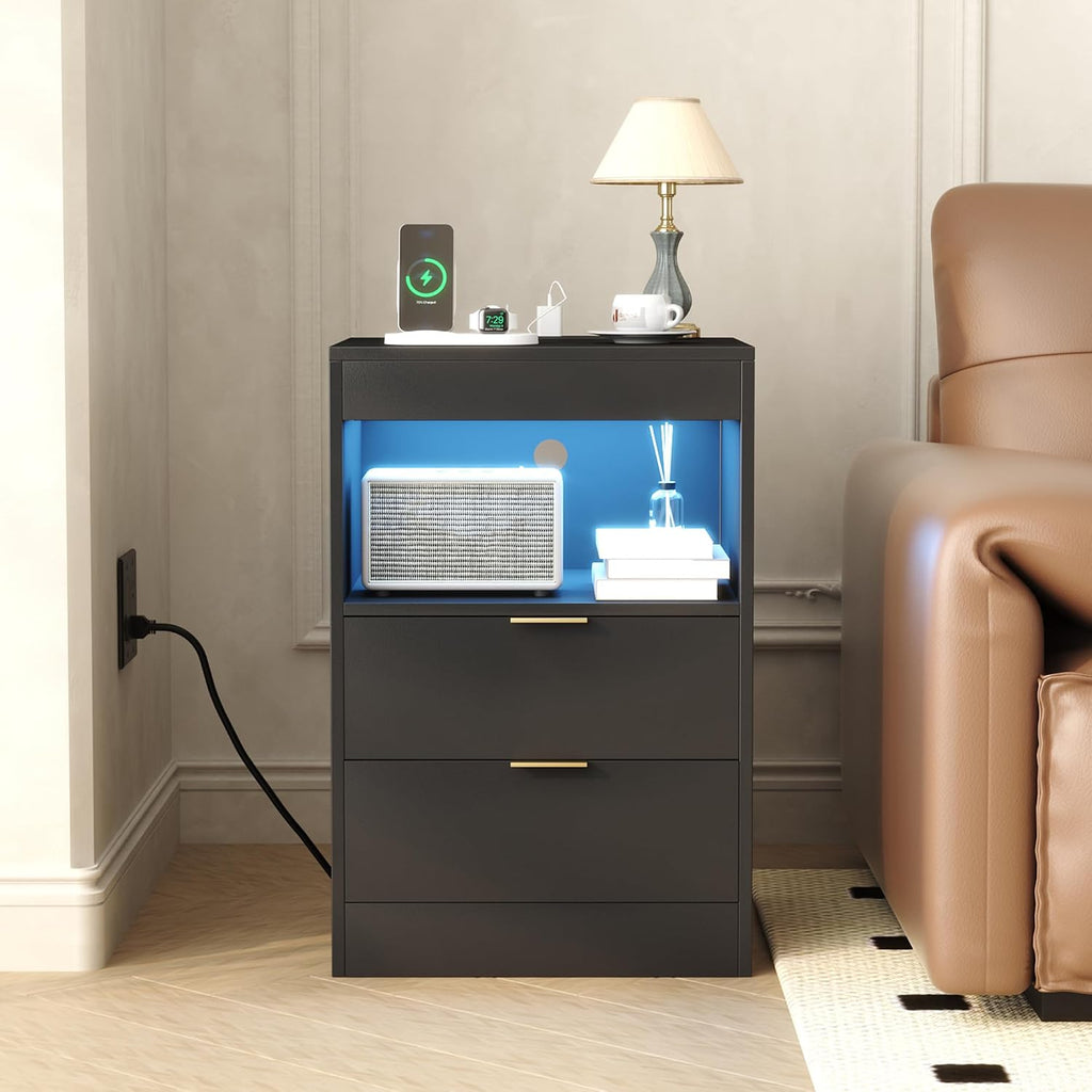 Night Stand, Black Nightstand, LED Nightstand with Charging Station, Modern Night Stand, Bedside Table, Wood Sofa