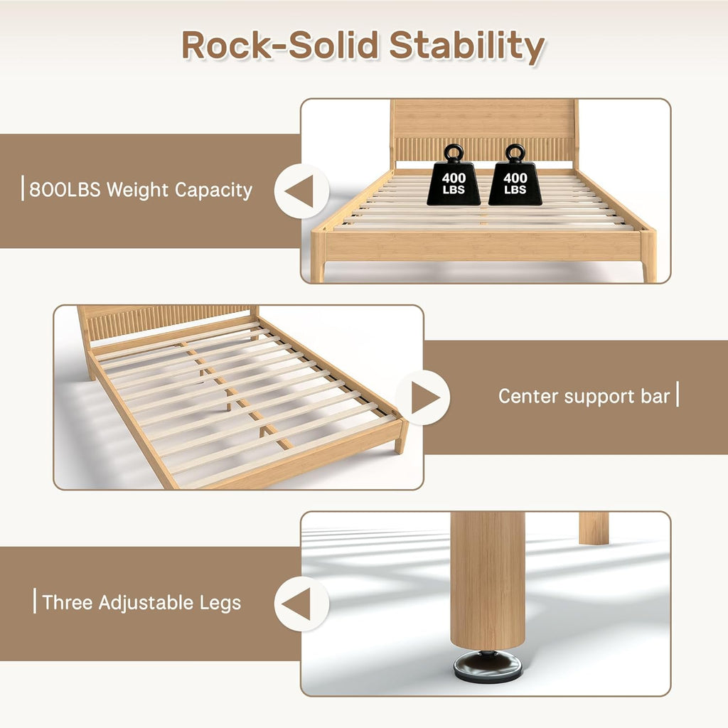 Queen Bed Frame with Headboard, Solid Bamboo Platform Bed Frame & Wood Slats Support 800LBS, Japanese Bed Frame