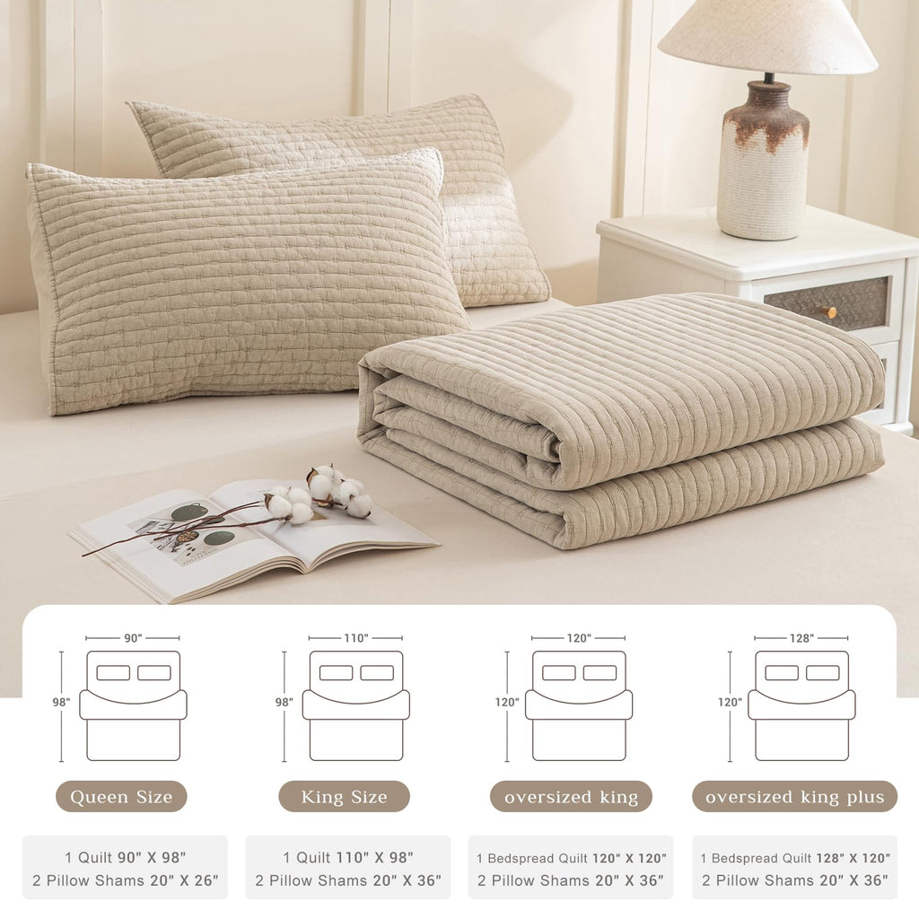 Oversized King Quilt 120x120, Stone-Washed Cotton Wheat, 3 Pieces Lightweight Ultra Soft California King Coverlet Set