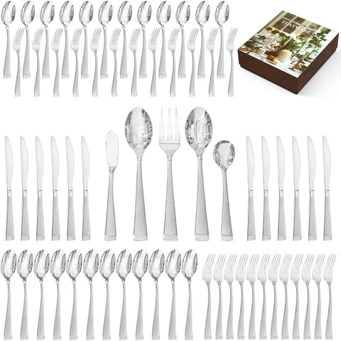 Silverware Set, 65-Piece Flatware Set for 12, 18/10 Stainless Steel Cutlery Set with Bead Edge, Utensil