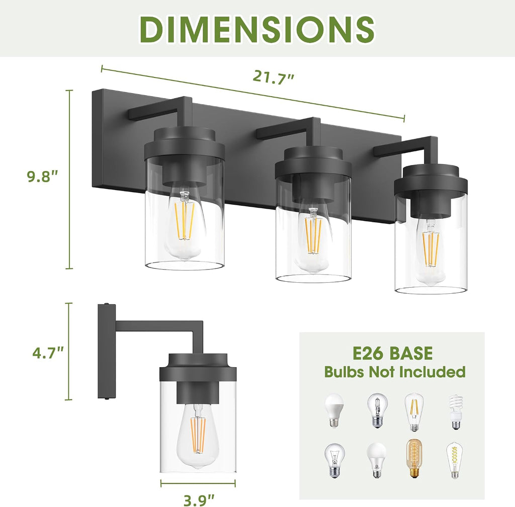 Bathroom Vanity Light, 3 Light Matte Black Vanity Lights with Clear Glass Shade, 22in Modern Wall Sconces, Bathroom