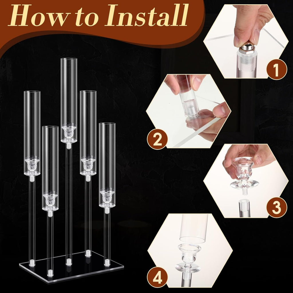 8 Pcs 5 Arm Acrylic Candelabra Centerpieces Clear Candelabra Candle Holder Crystal Taper Candlestick with Rectangular