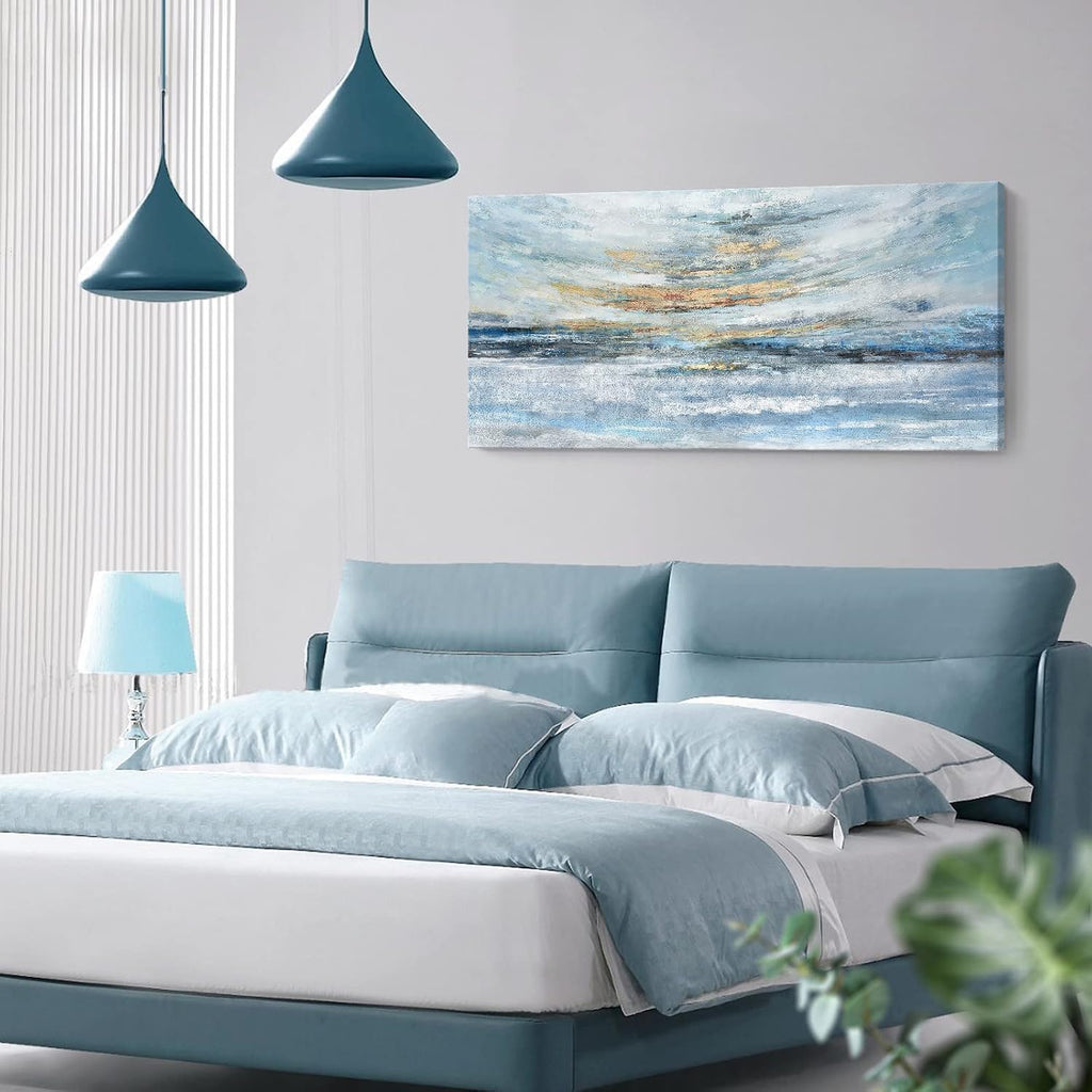 Abstract Wall Art Large Framed Light Blue Canvas Print Coastal Theme Artwork Modern Ocean Skyline and Sunset &