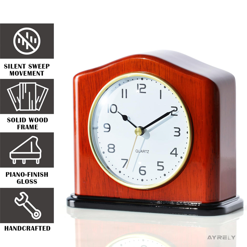 Mantel Clock, Handcrafted Solid Wood Desk Clock with Silent Movement, Piano-Gloss Finish, Elegant Table Clock for