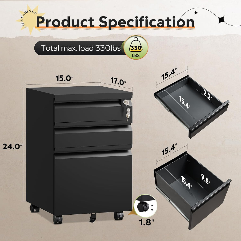 3 Drawer Mobile File Cabinet with Lock, Required Assembly | Under Desk Metal Filing Cabinet , Fits Legal/Letter/A4