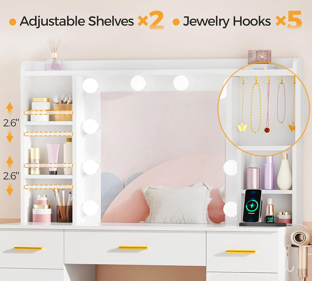 9-Drawer Makeup Vanity Desk with Lighted Mirror Hair Dryer Holder | White Vanity Dressing Table with Cushioned Stool