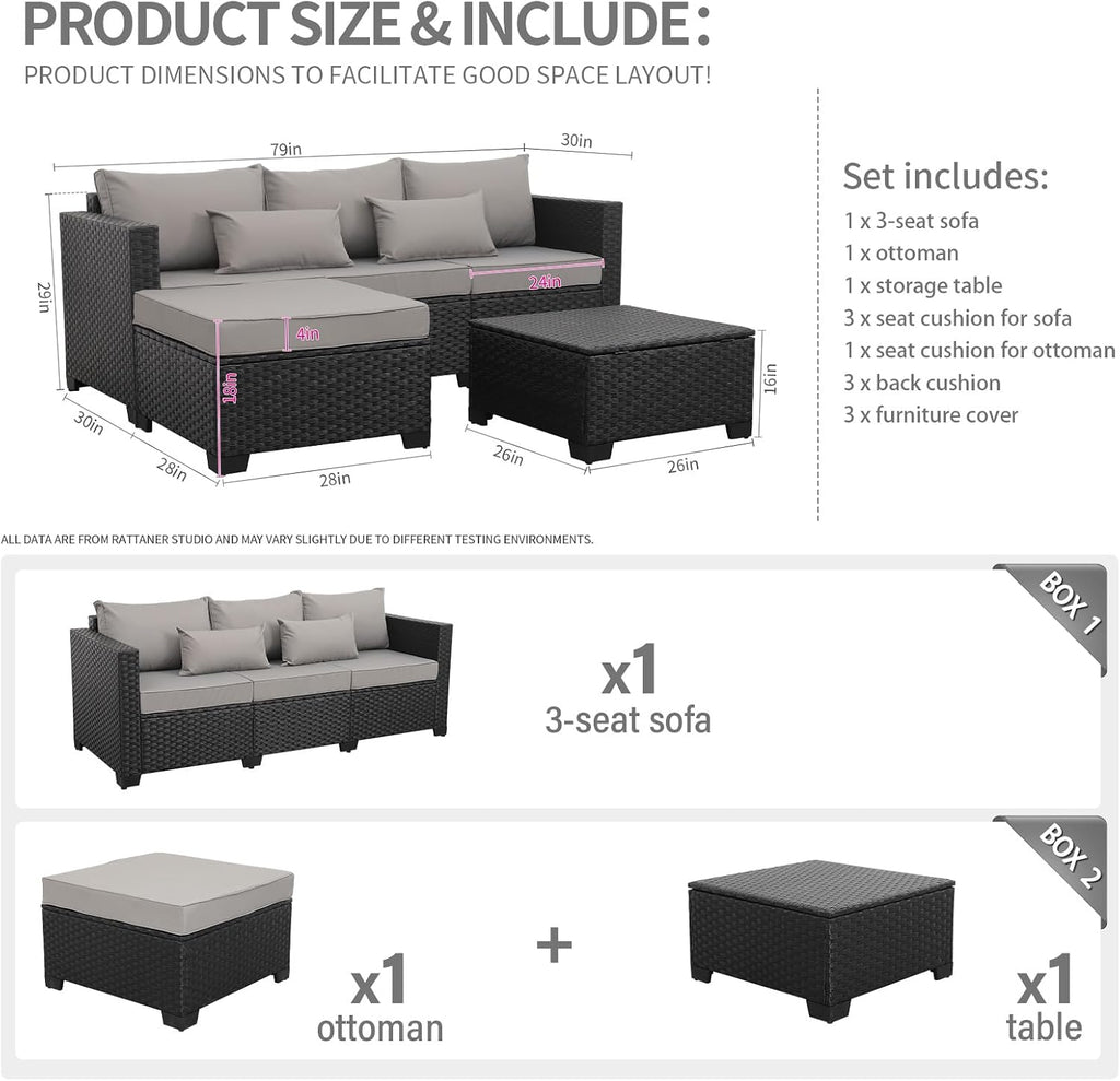 3 Pieces Patio Furniture Set Outdoor Sectional Wicker Patio Furniture Patio Couch with Ottoman and Outdoor Storage