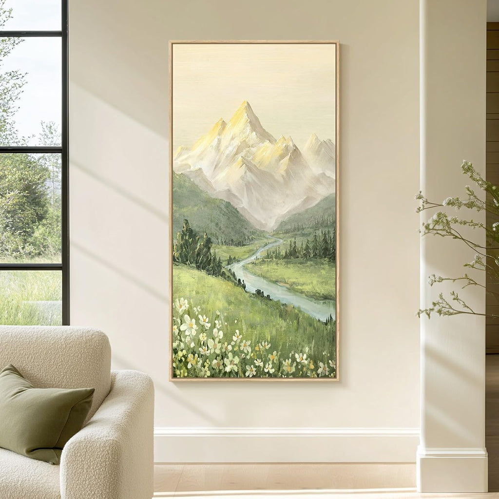 Framed Large Mountain Wall Art , Vertical Green Forest Landscape Canvas Artwork for Walls, Nature Scenery Painting