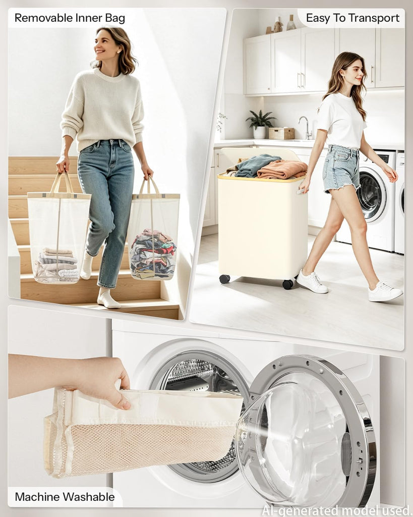 Double Laundry Basket with Wheels and Lid, 150L Clothes Hampers for Laundry | Large Laundry Hamper with 2 Sections &