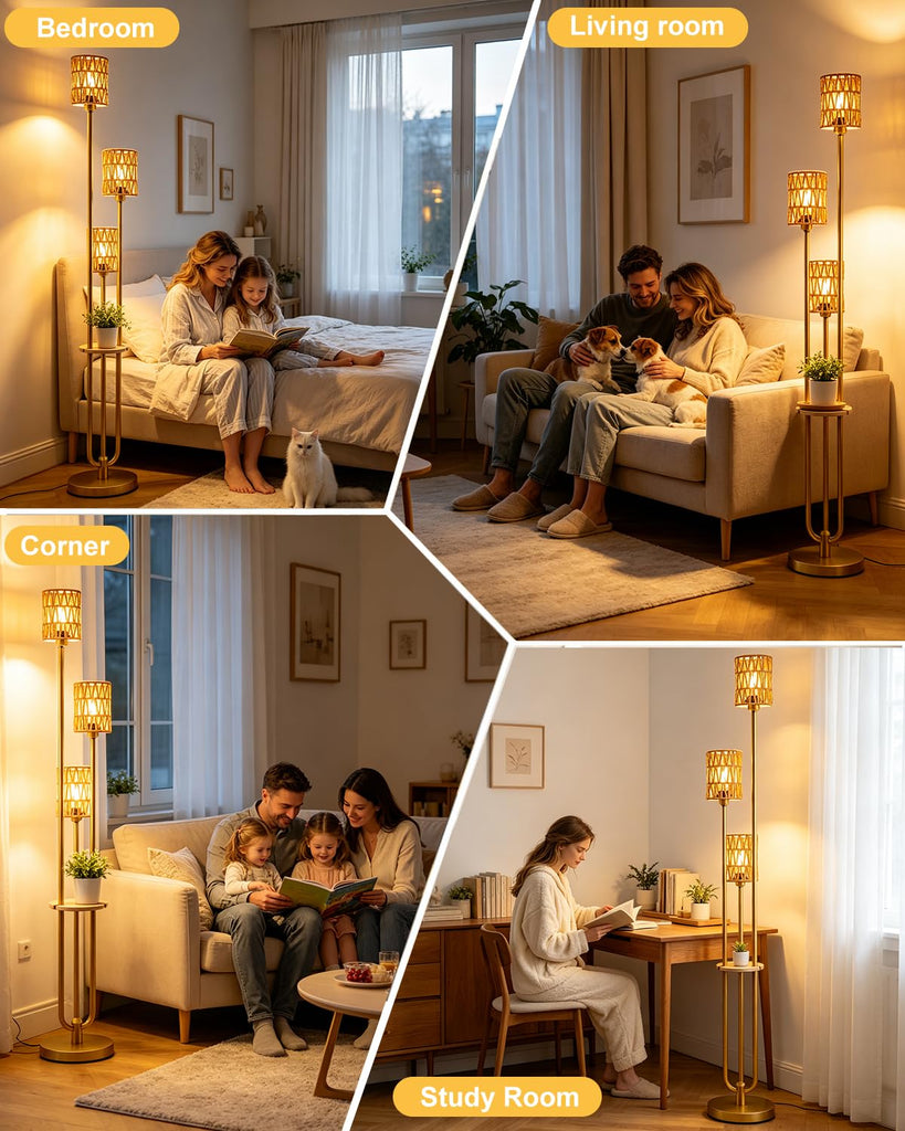 Dimmable Boho Floor Lamps with 5Lbs Heavy Base, 3-Lights Rattan Floor Lamp with Shelves Rustic Gold Standing Lamp