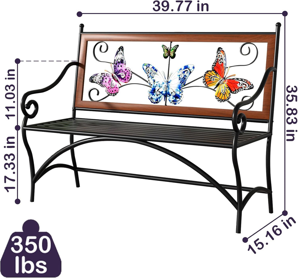 39.7" Outdoor Bench, Garden Bench, Patio Bench with Armrest, Slatted Seat and Butterfly Pattern Backrest for Outside