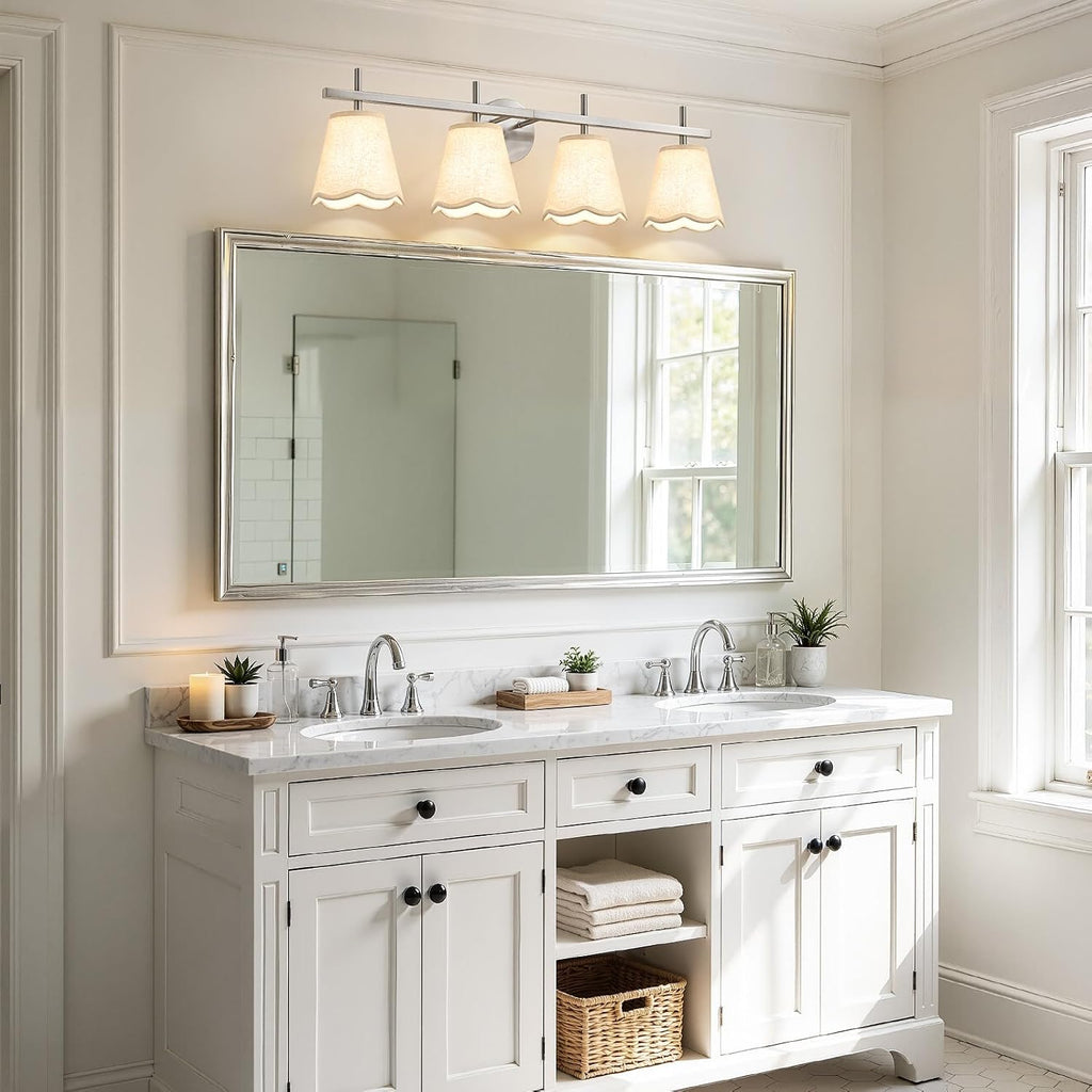 4-Light Bathroom Light Fixtures, Brushed Nickel Vanity Light,Modern Vanity Lights with Scalloped Linen Fabric Shade