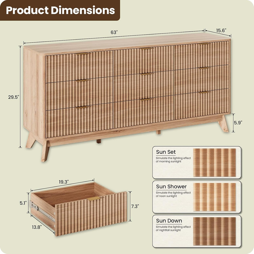63'' Wide 9 Drawers Dresser ,Modern Fluted Vertical Chest with Rounded Corners,Fluted Dresser , Natural Wood
