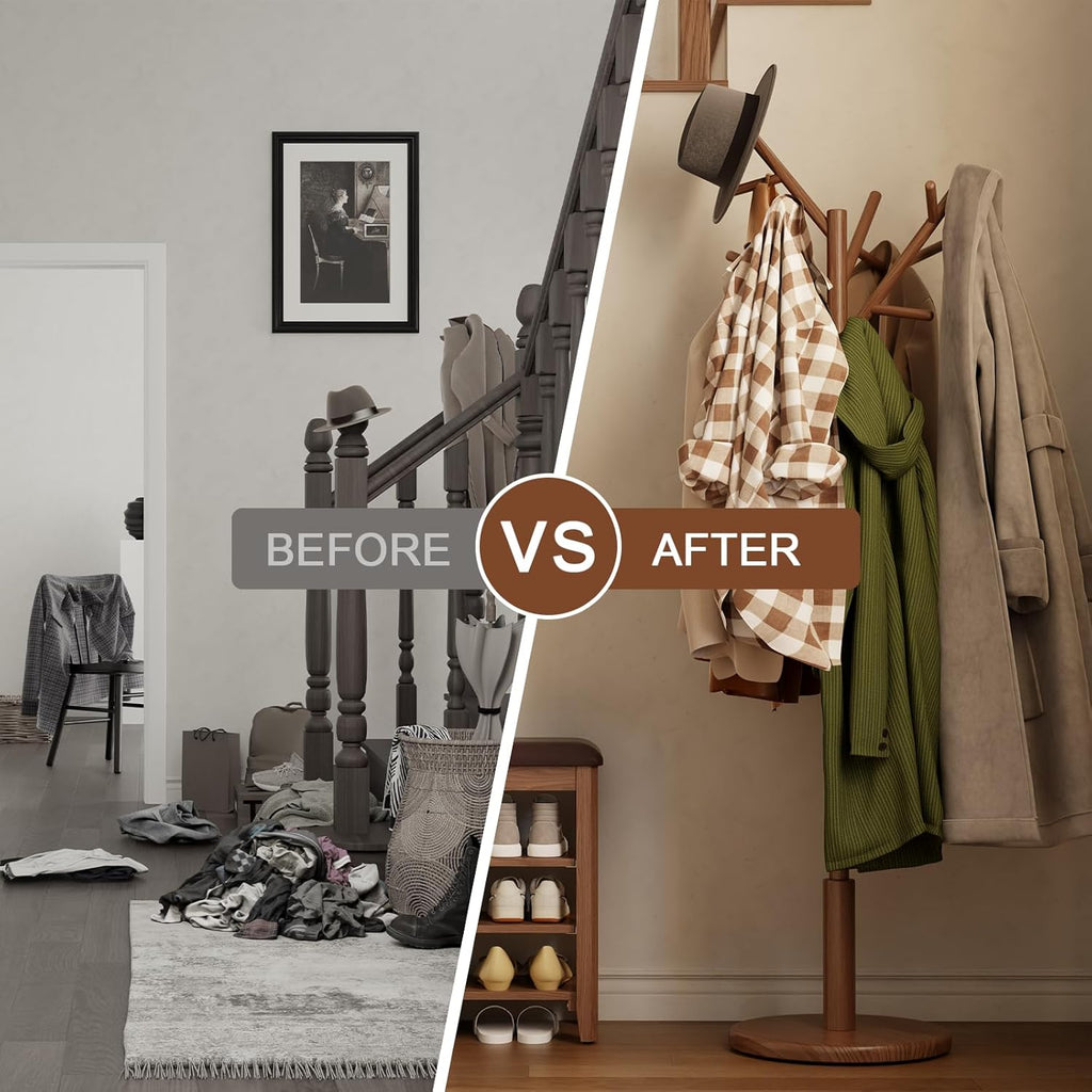 Coat Rack, Solid Wood Coat Rack Freestanding With 12 Hooks, Coat Tree Freestanding Heavy Duty 3 Adjustable Heights
