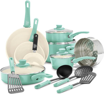 16 Piece Ceramic Nonstick Pots & Pans Cookware Set, Turquoise | PFAS-Free Ceramic Nonstick, Stockpot, Frying Pans