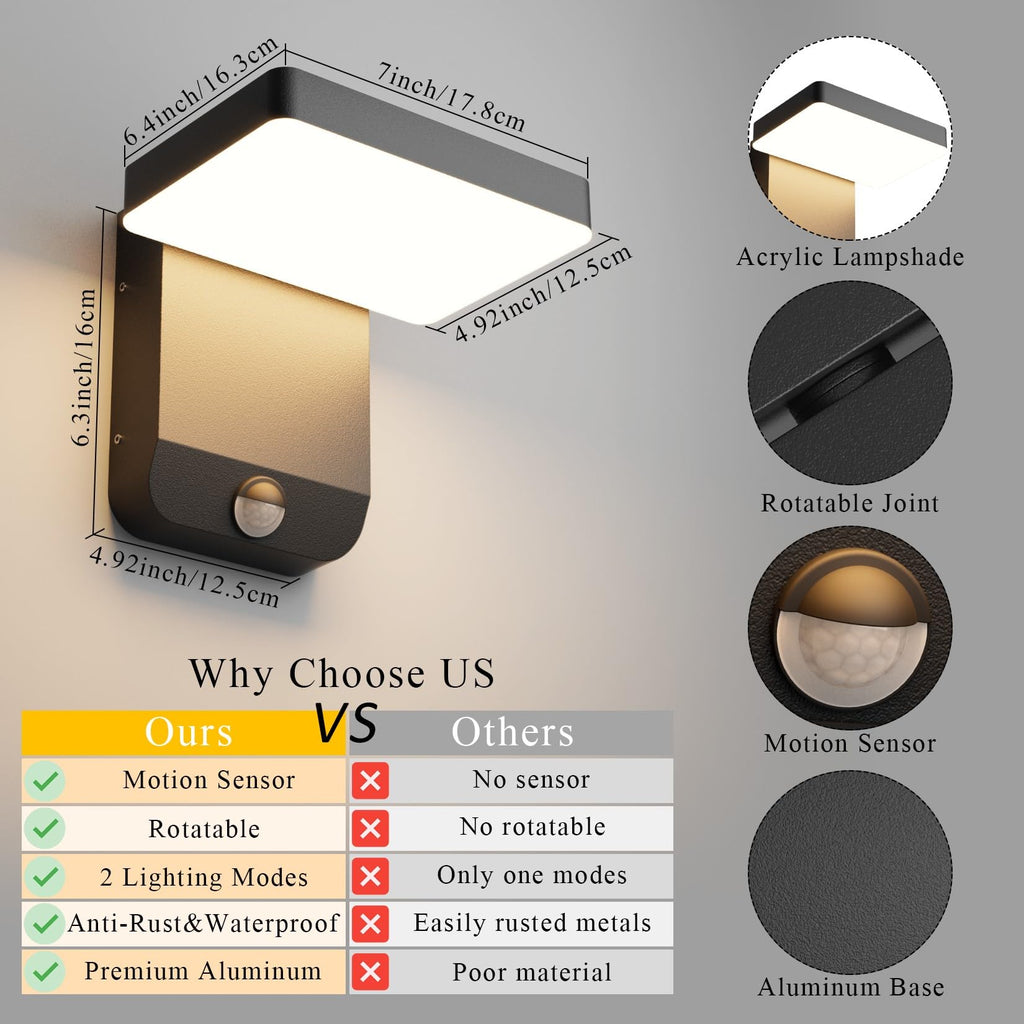 2 Pack Motion Sensor Outdoor Wall Light, Modern LED Black Motion Outdoor Light IP65 Waterproof Exterior Wall Sconces