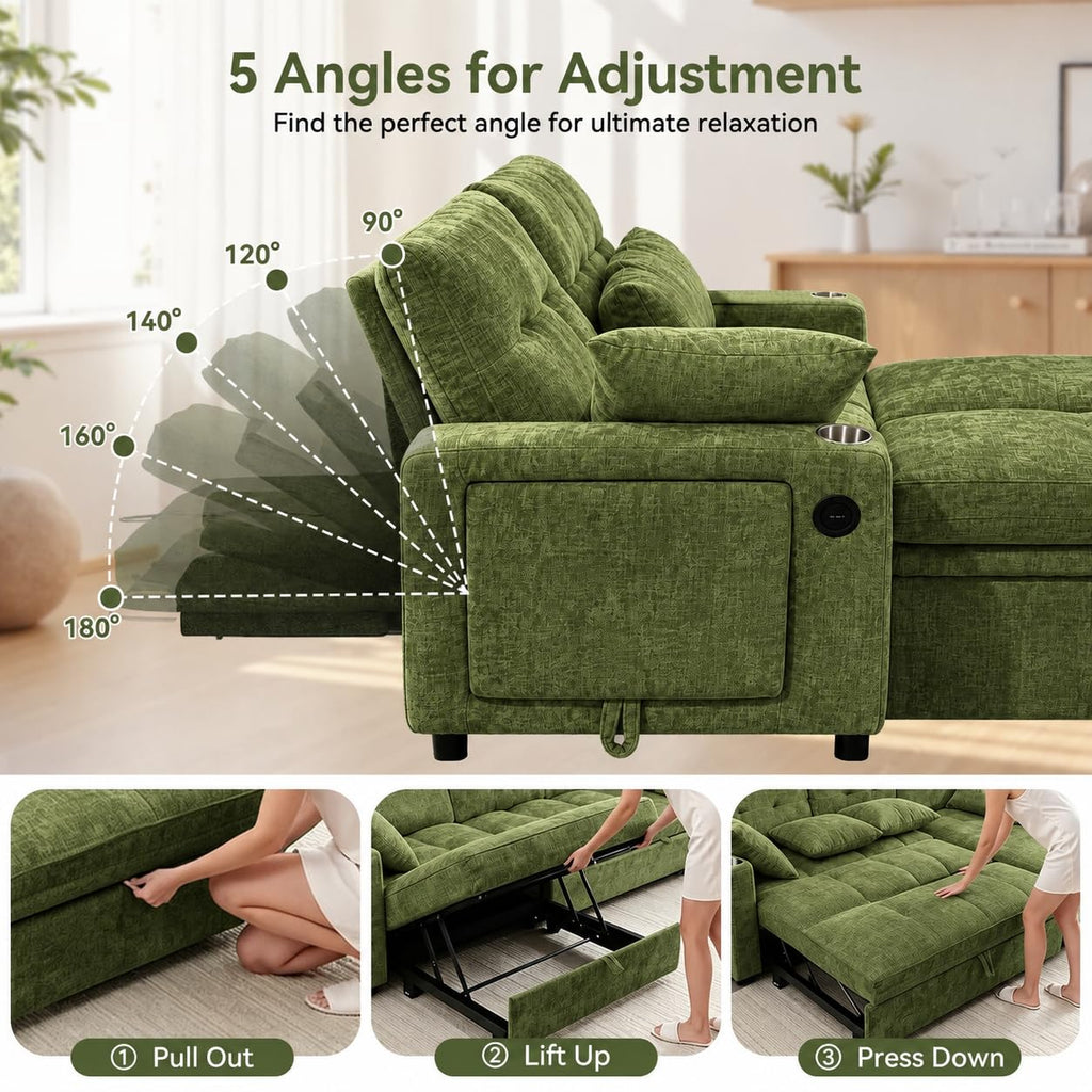 82" Sleeper Sectional Sofa, Comfy Convertible Sofa Bed with Pull Out Couches, Chenille L Shaped Couch with Reversible
