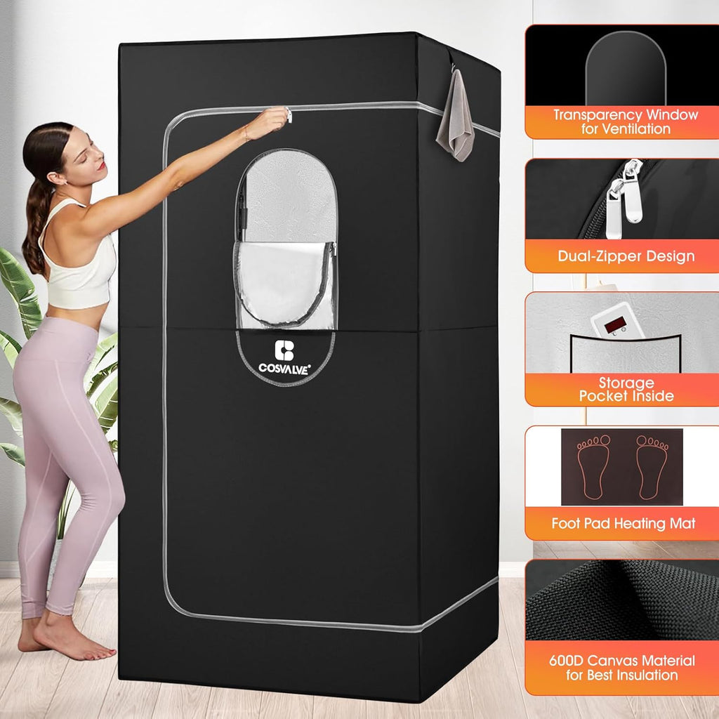 Portable Infrared Sauna for Home, Dry Sauna with 4 Heating Panels and Heated Foot Pad, 1 Person Infrared Sauna Tent Full Size, Remote Control, Indoor Home Spa, 35.4" x 35.4" x 71", Black