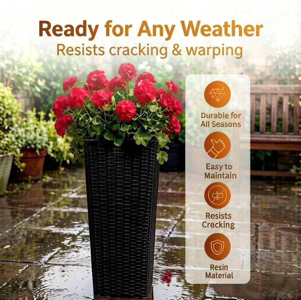 32" Tall Planter, Large Outdoor Planter Pot with Drainage | Outdoor Planter Set of 2,Removable Inner Pot,Resin