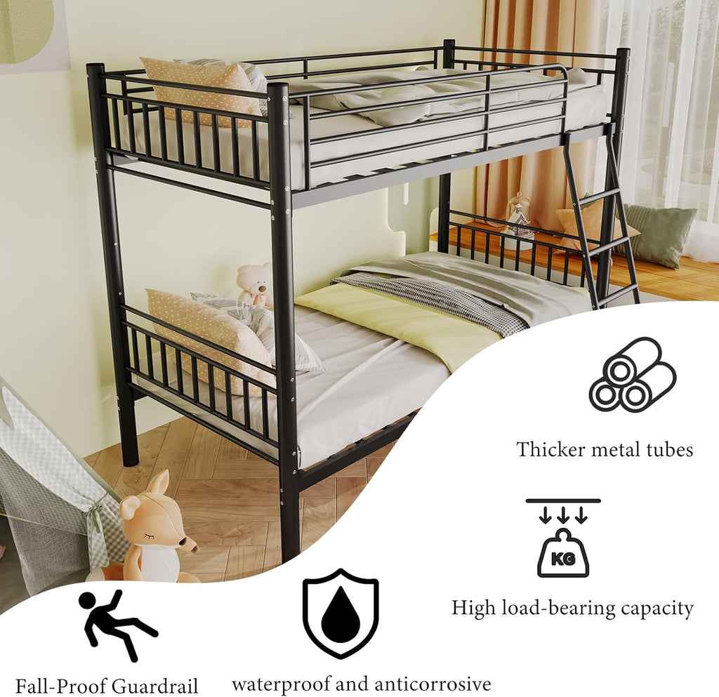 Bunk Bed Twin Over Twin, Metal Bed Frame, Twin Bunk Bed with Stairs and Safety Guardrail, No Box Spring Needed