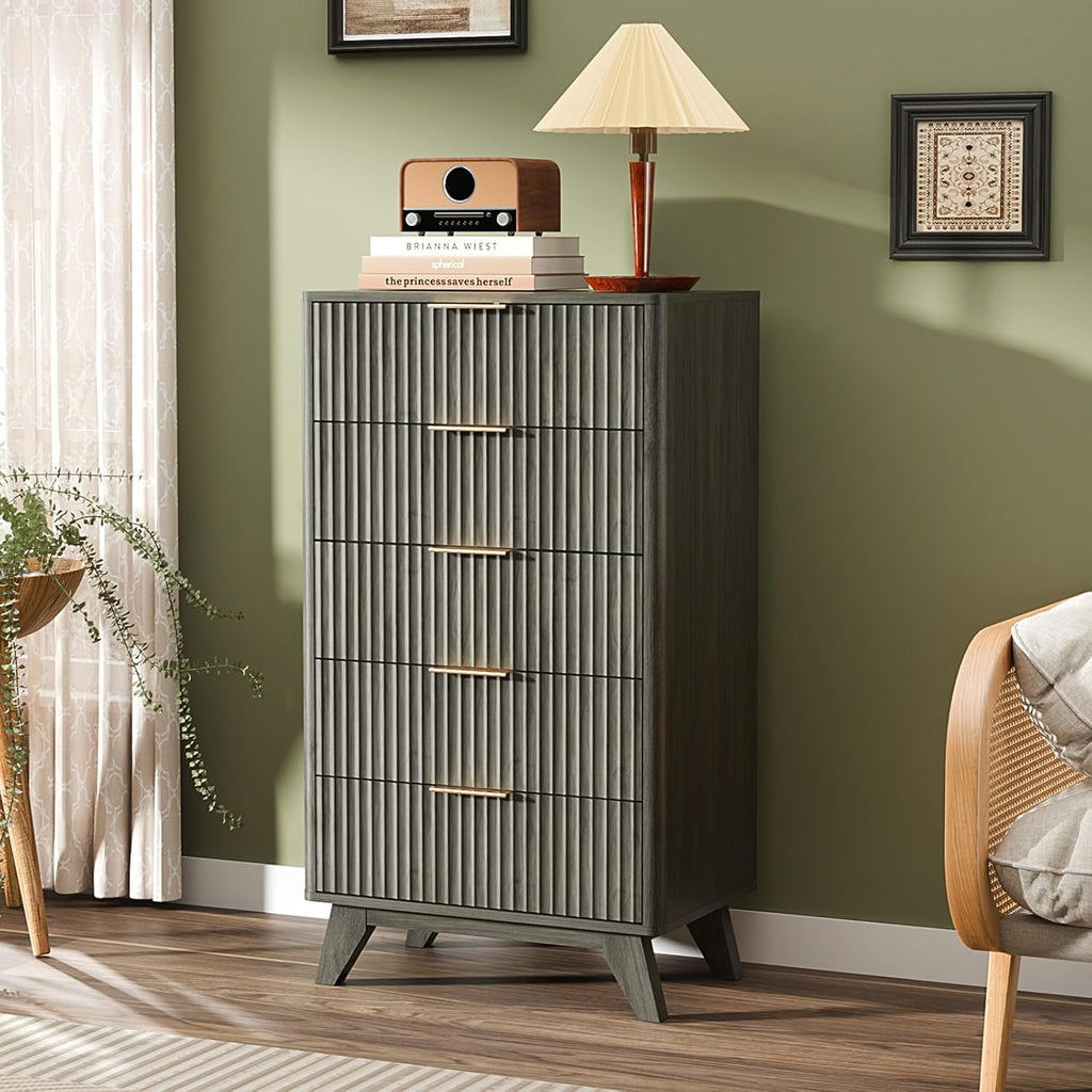 Fluted Tall Dresser 5 Drawer, 23.66" W Chest of Drawers Gray Wood Dresser with Rounded Edges, Grey Dressers , 23.66"