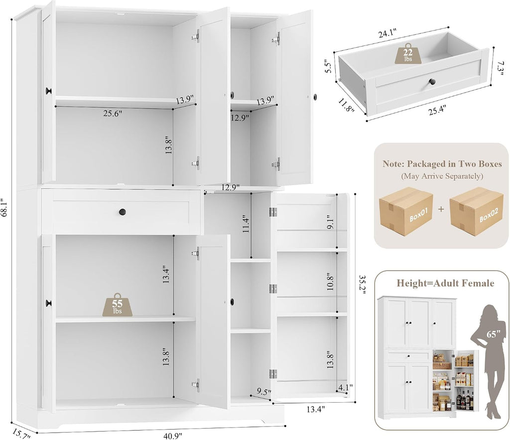 68" Tall Kitchen Pantry Storage Cabinet with Doors & Shelves, White | Large Pantry Cabinet with Door Rack