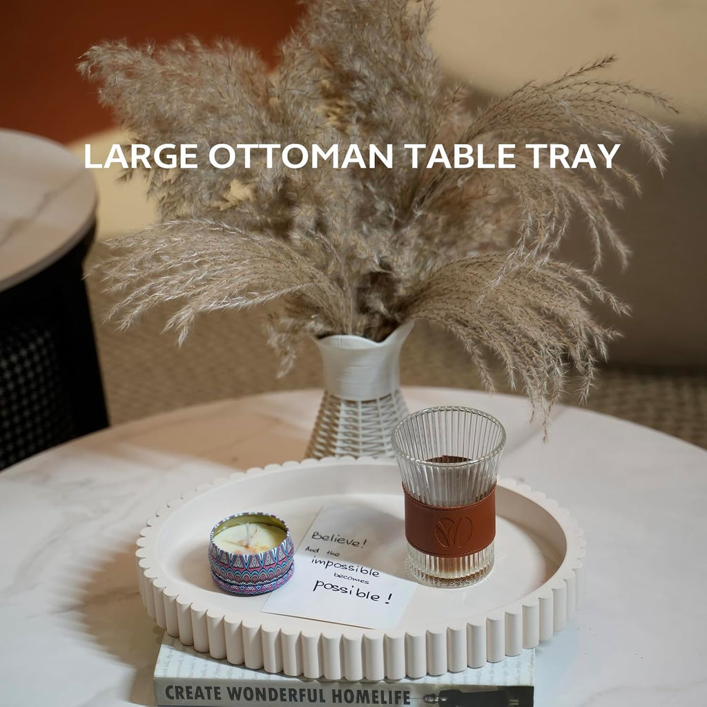 Coffee Table Tray, Large 13"×9.5" Oval Fluted Concrete Tray, Cream Decorative Serving Tray, Home Décor Accent for
