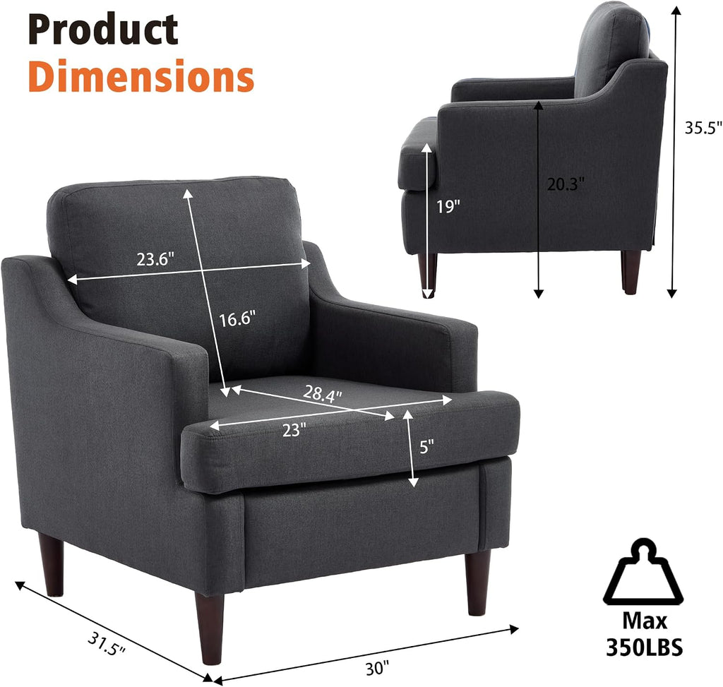 Mid-Century Accent Chair Modern Linen Fabric Armchair ,Comfy Upholstered Reading Chairs ,Single Sofa Chair with Wood