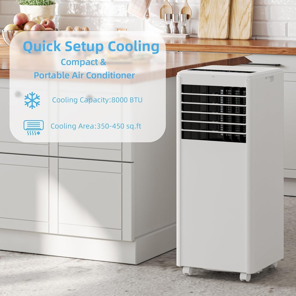 8000 BTU Portable Air Conditioner, Quiet AC Unitw/Remote Control & 24H Timer, 3 in