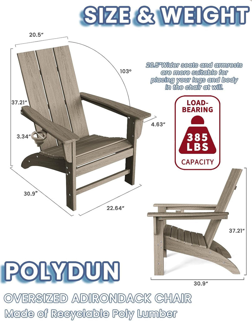 Modern Adirondack Chair with Cup Holder, HDPE Plastic Patio Chairs | Wood Texture Outdoor Chairs, Lawn Chairs for