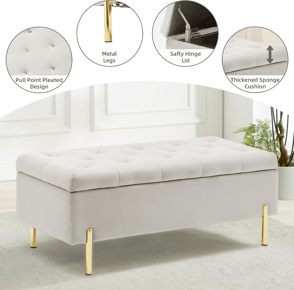 45.6 Inch Velvet Storage Bench Upholstered Tufted Settee Ottoman Bench with Storage, Bed End Bench with Soft Close