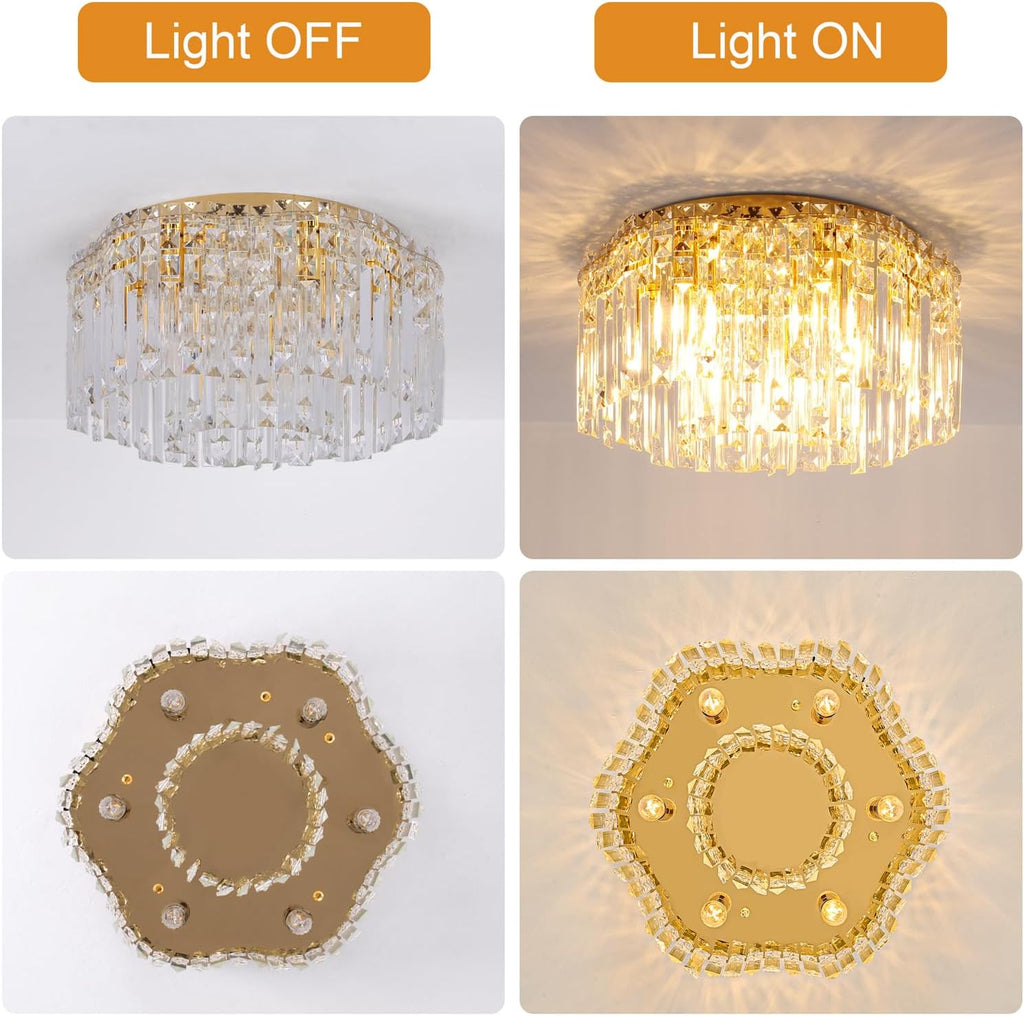 Flush Mount Crystal Chandelier, 18 inch Modern Crystal Ceiling Lights with Warm White Light Bulb (2700K), Flush Mount
