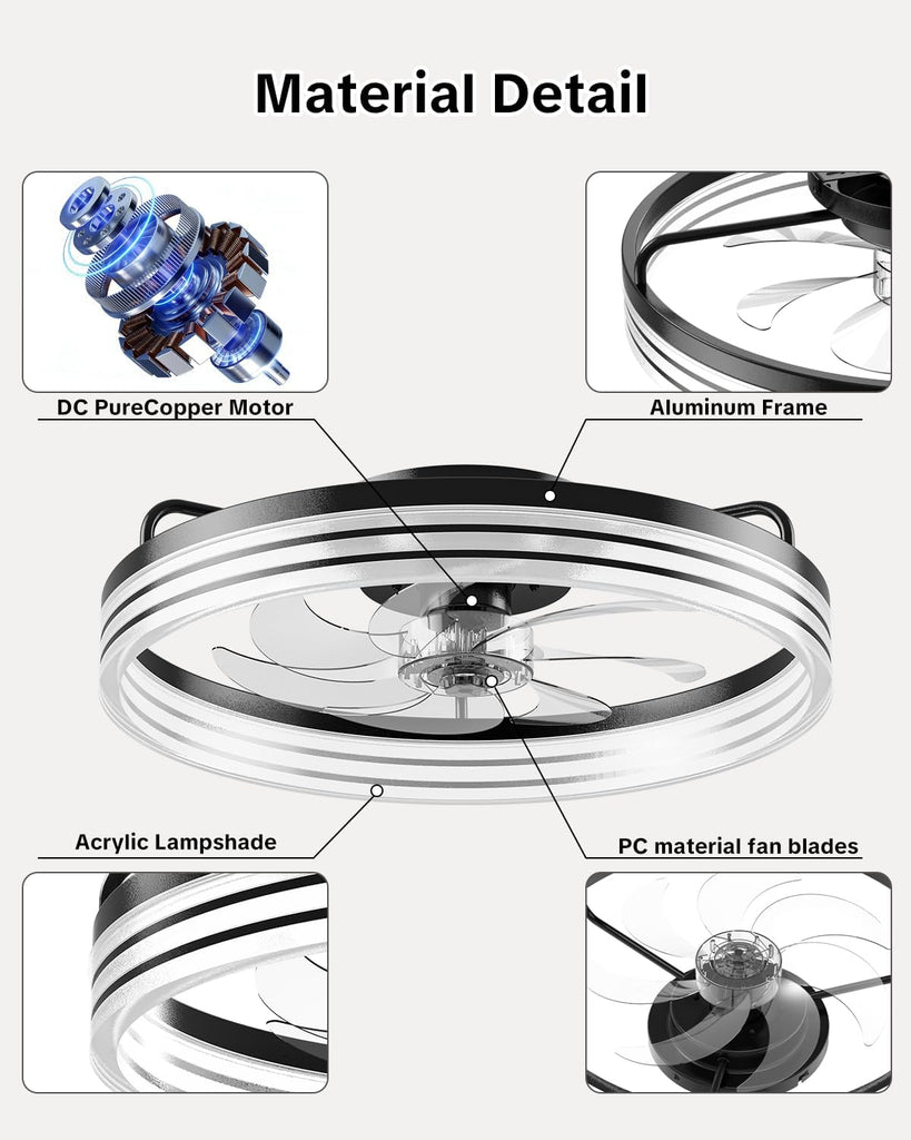 Ceiling Fan with Light,20" Flush Mount Ceiling Fan,6 Speeds,3000-6500K Dimmable LED, App & Remote Control
