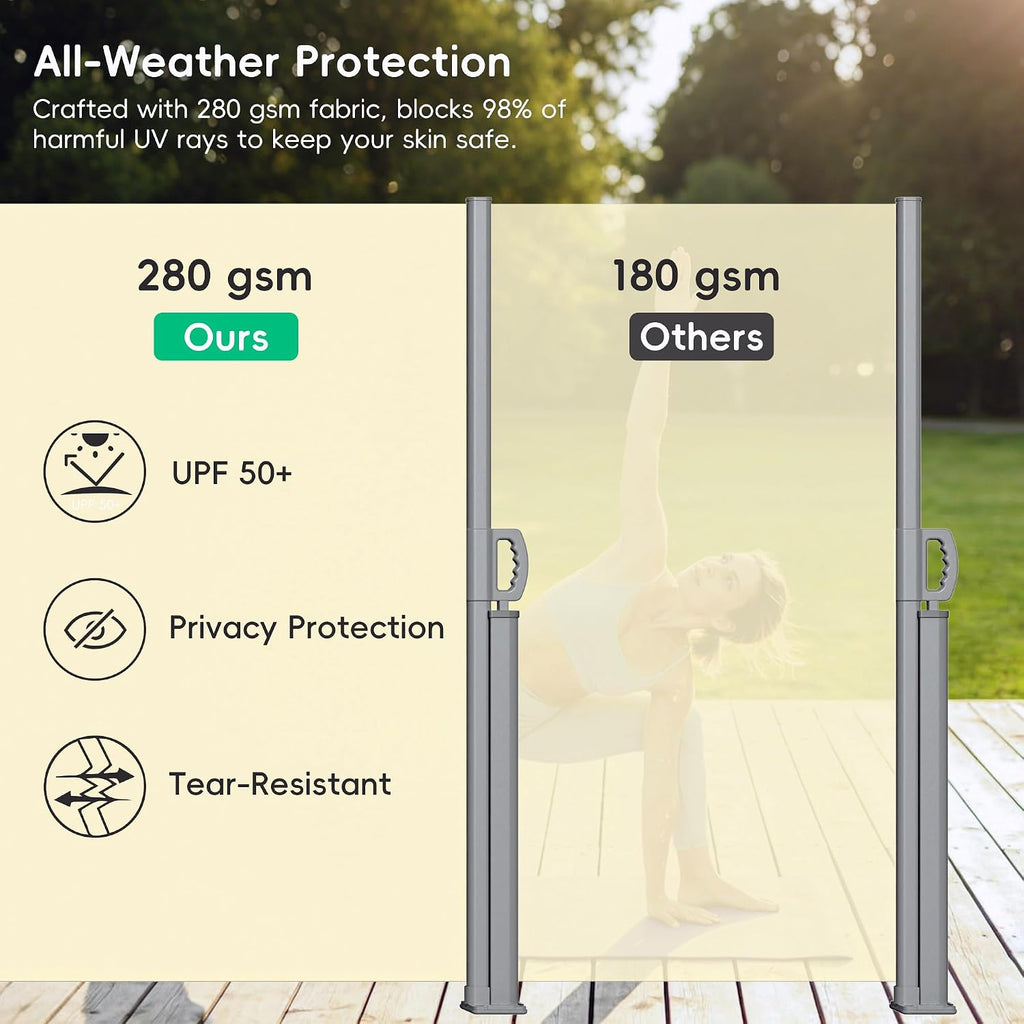 Retractable Side Awning Aluminum Patio Privacy Screen with Removable Base, Weather Resistant Outdoor Sun Shade for