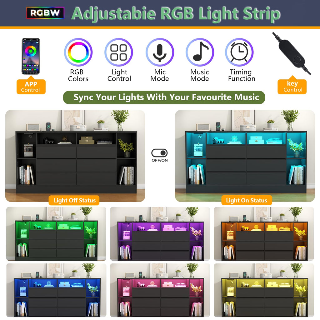 6 Drawers Dresser with 6 Open Storage Cubbies, LED with Power Outlet, 55" Wide Long Dresser, Modern TV Stand with