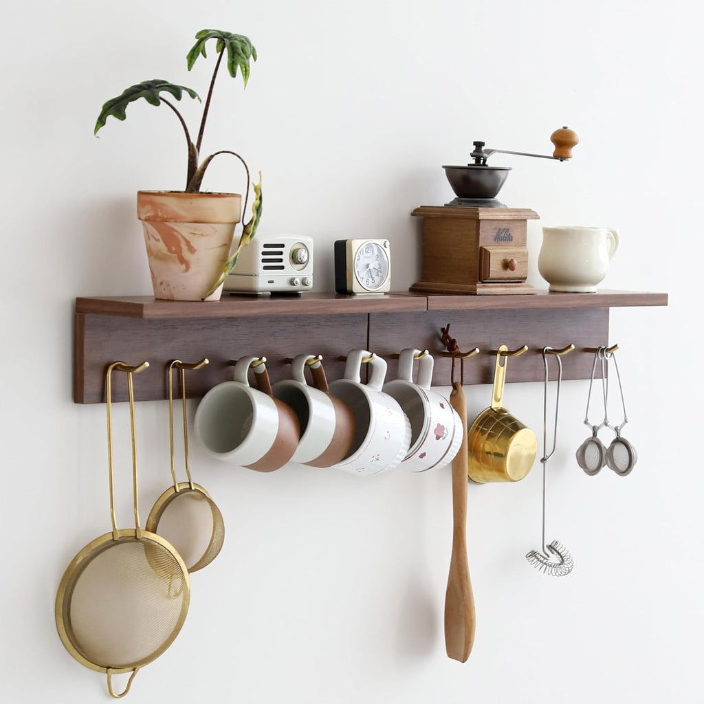 Wall Mount Walnut Coat Rack, 5 Brass Hooks, Floating Shelf | Adjustable rail with movable wood hooks