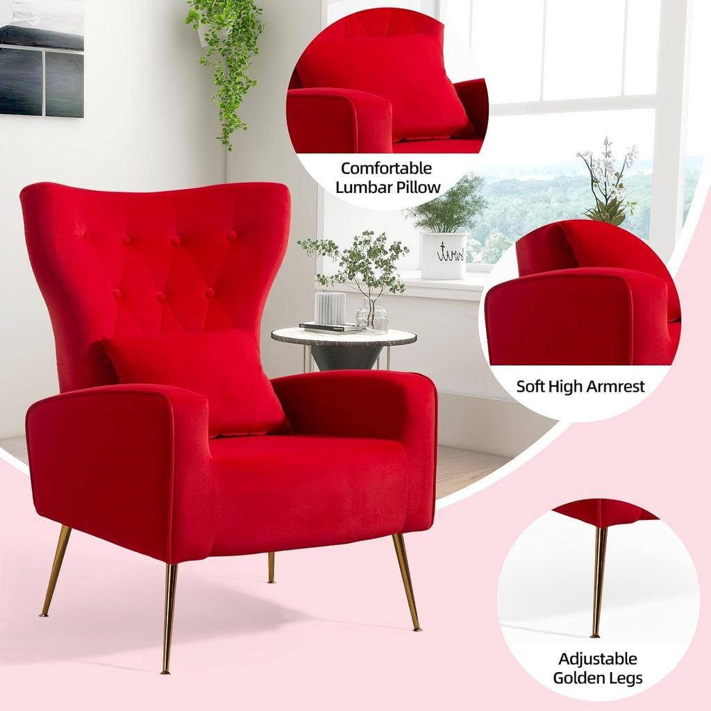 Velvet Accent Arm Chairs Set of 2, Mid-Century Modern Living Room Chair, Wingback Bedroom Side Chair with Gold Legs &