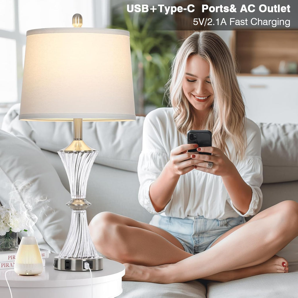 Crystal Glass Table Lamp with USB C+A Ports & AC Outlet,White Clear Modern Bedroom Lamp