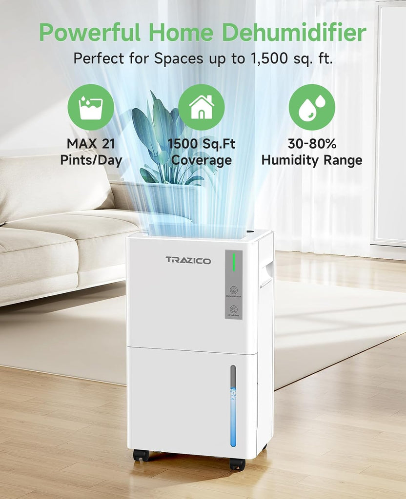 1500 Sq.ft Dehumidifier for Basement, 21 Pint Quiet Dehumidifiers for Home with Drain Hose, Smart Humidity Control