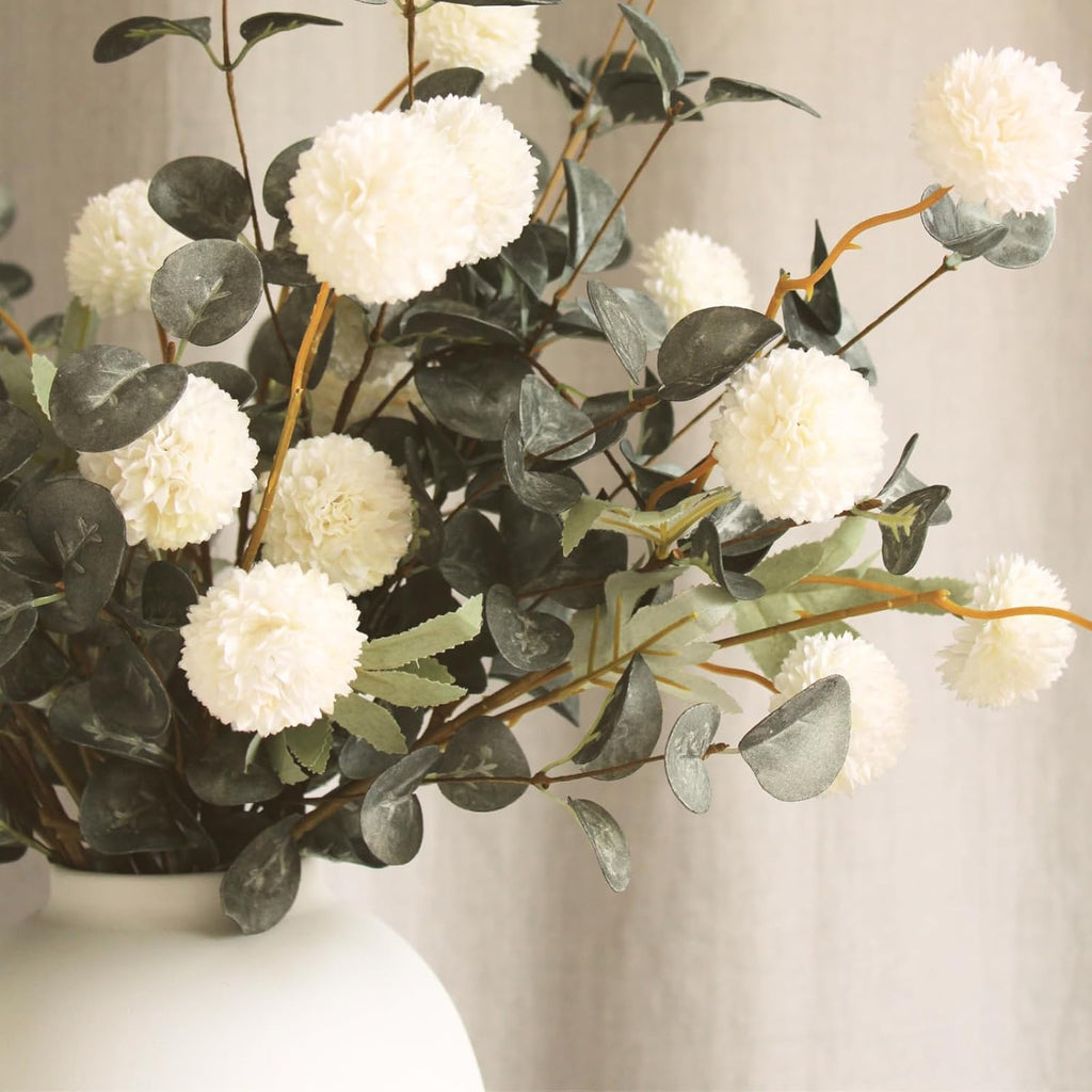 White Artificial Flowers & Greenery With Vase, Faux Floral Arrangement Centerpiece for Dining Table, Realistic Silk