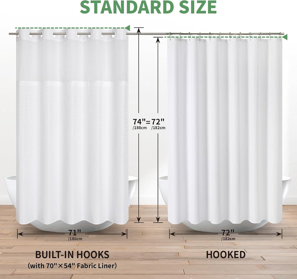 No Hook Waffle Weave Shower Curtain with Snap-in Fabric Liner Set,White Shower Curtains with See Through Top