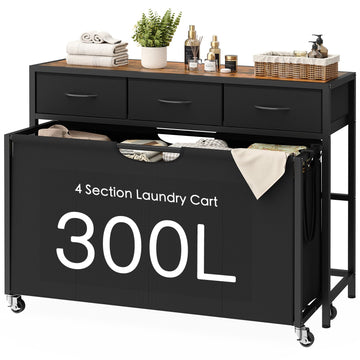Sorter, Rolling Laundry Hamper with 4 Section Pull-Out Bags, 300L Large Laundry Basket Organizer with 3 Drawers