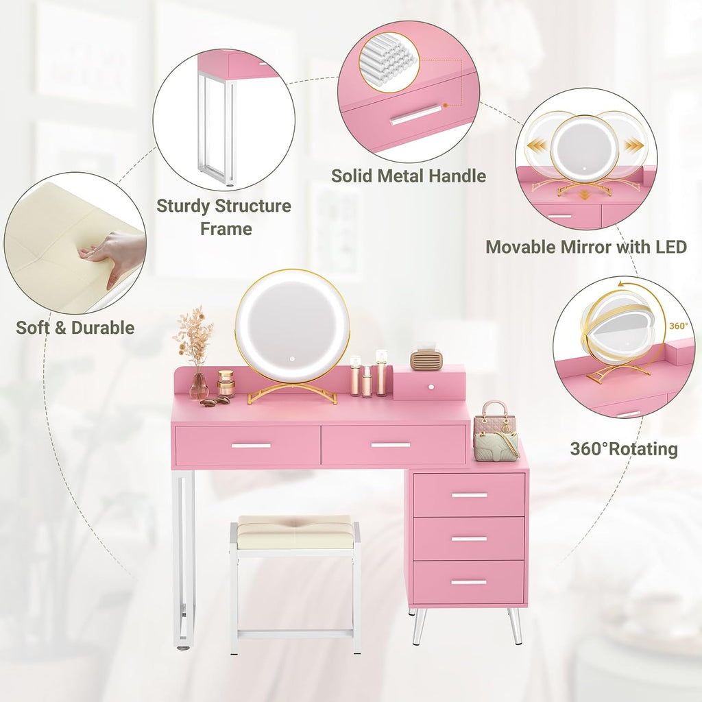 Pink Vanity Desk with Mirror and Lights, Modern Makeup Vanity Table Set with 6 Storage Drawers and Cushioned Stool