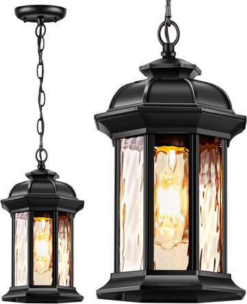 Outdoor Pendant Lights for Porch Lantern, Black Exterior Hanging Lights Fixtures with Adjustable Chain