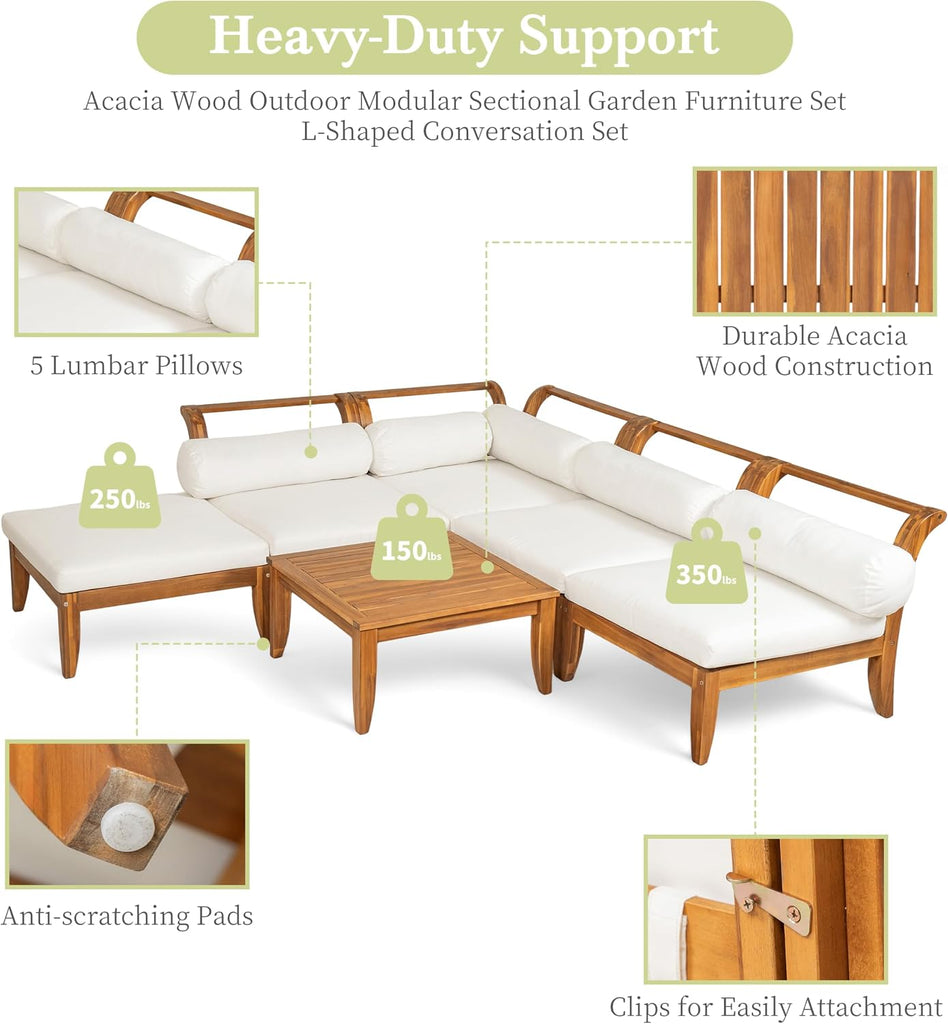 6 Piece Patio Sofa Set, Acacia Wood Outdoor Modular Sectional Garden Furniture Set, L-Shaped Conversation Set with