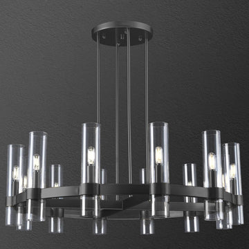 Inspired Ravelle Style 12 Light Black Round Chandelier 36'' Wagon Wheel Chandeliers for Dining Room Light Fixture Clear Glass Tube Chandelier Modern Farmhouse Chandeliers for Living Room Bedroom, Bulb Included